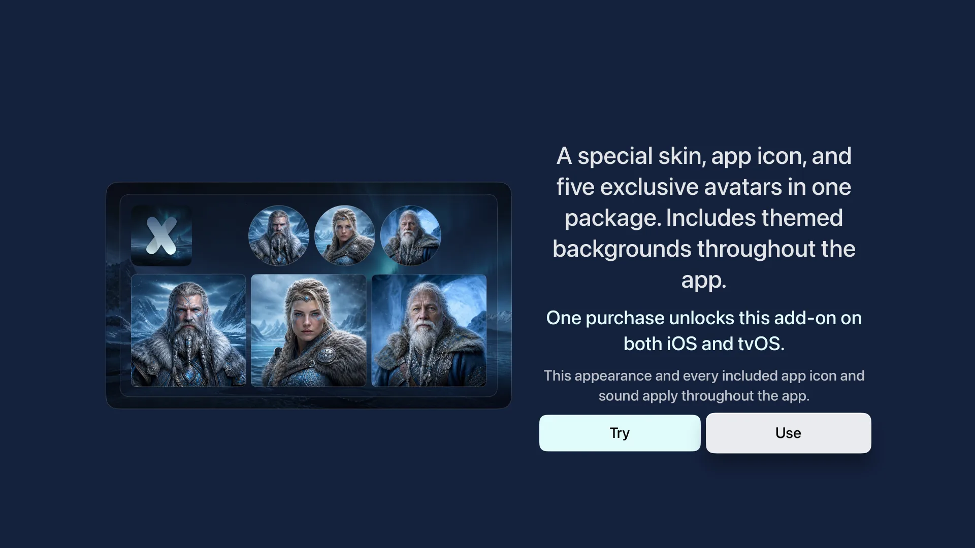 IPTVX add-on details showing a themed skin, app icon, avatars, and backgrounds