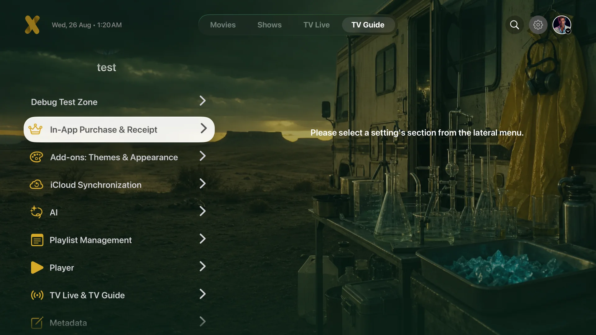 Desert Chemistry theme applied throughout IPTVX Settings on Apple TV