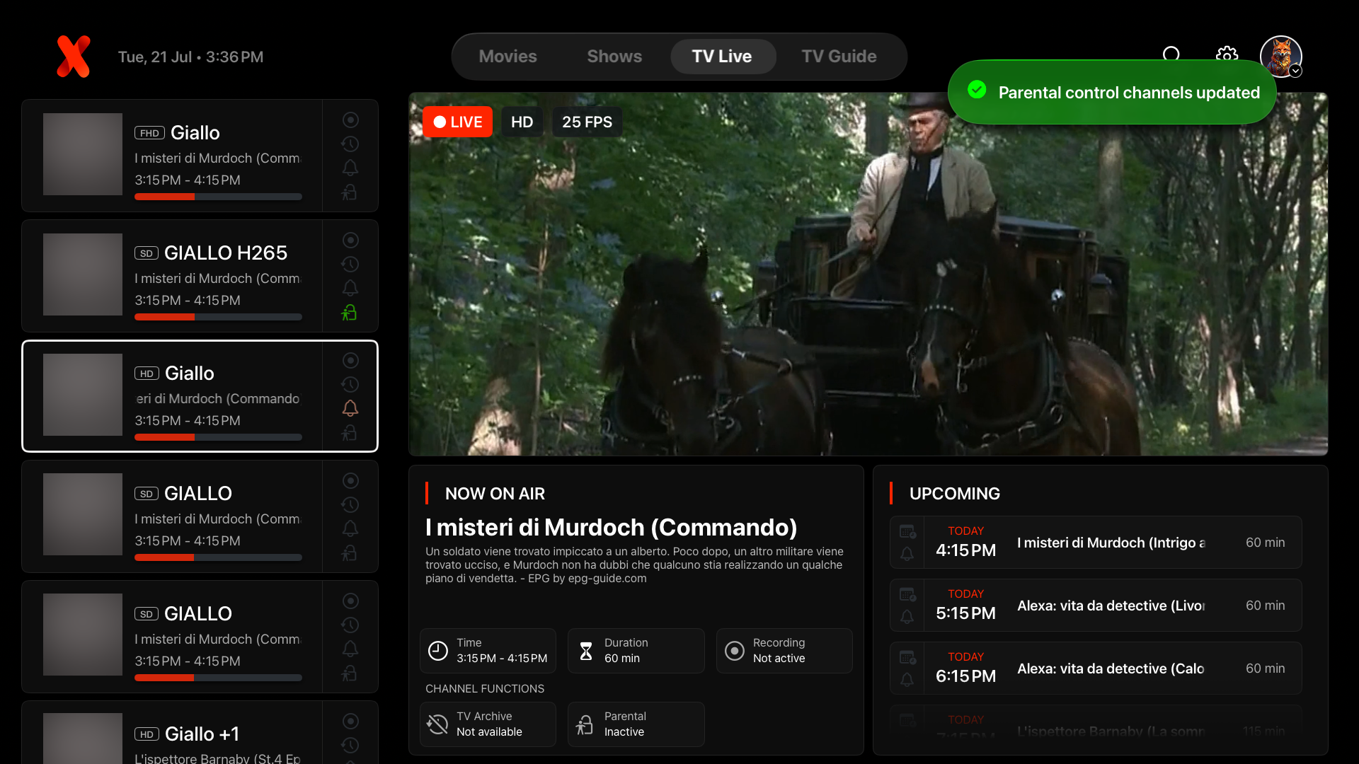 IPTVX Live TV control interface on Apple TV with broadcaster logos obscured