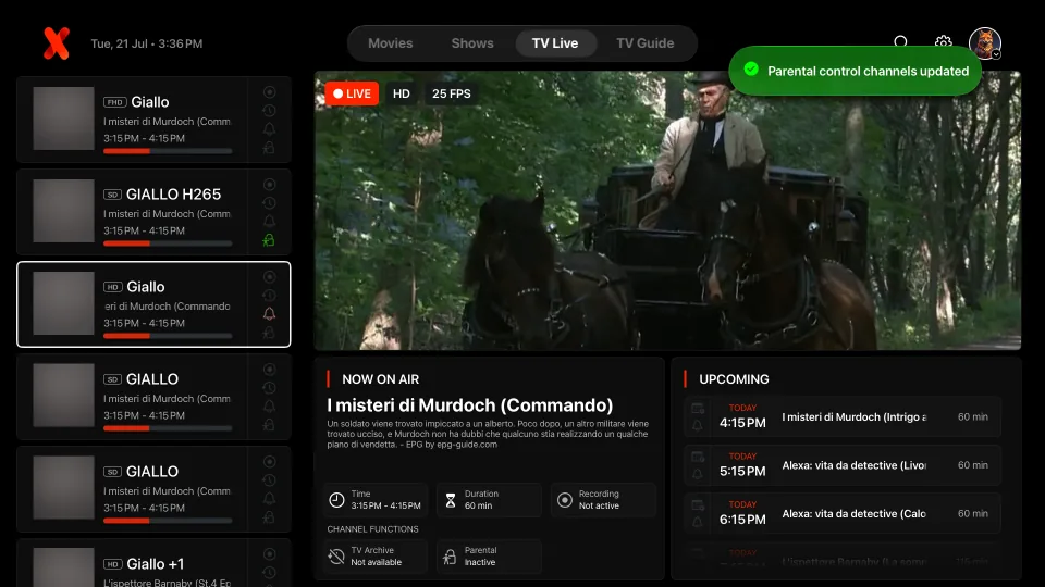 IPTVX Live TV controls, programme details, reminders, and parental controls on Apple TV