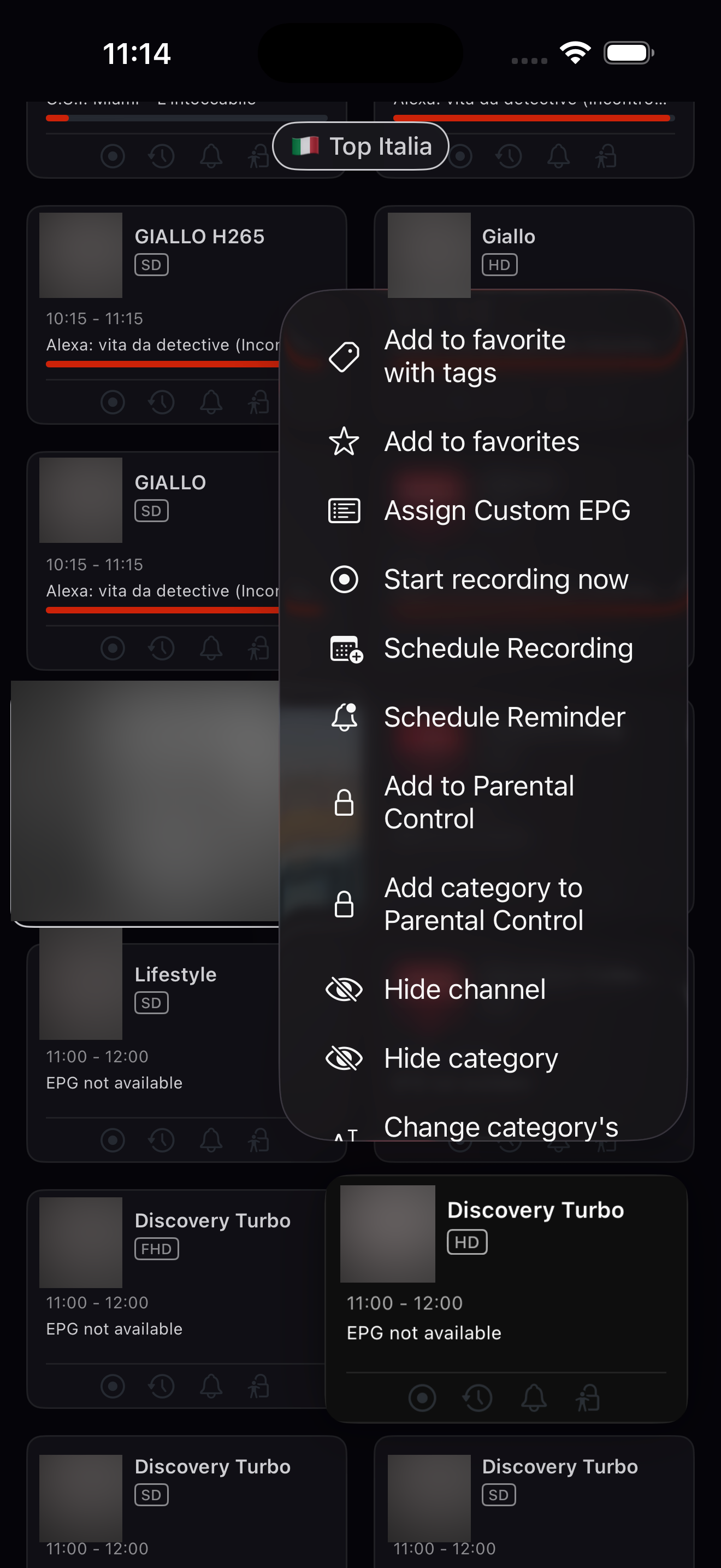 IPTVX Live TV controls on iPhone with broadcaster logos obscured