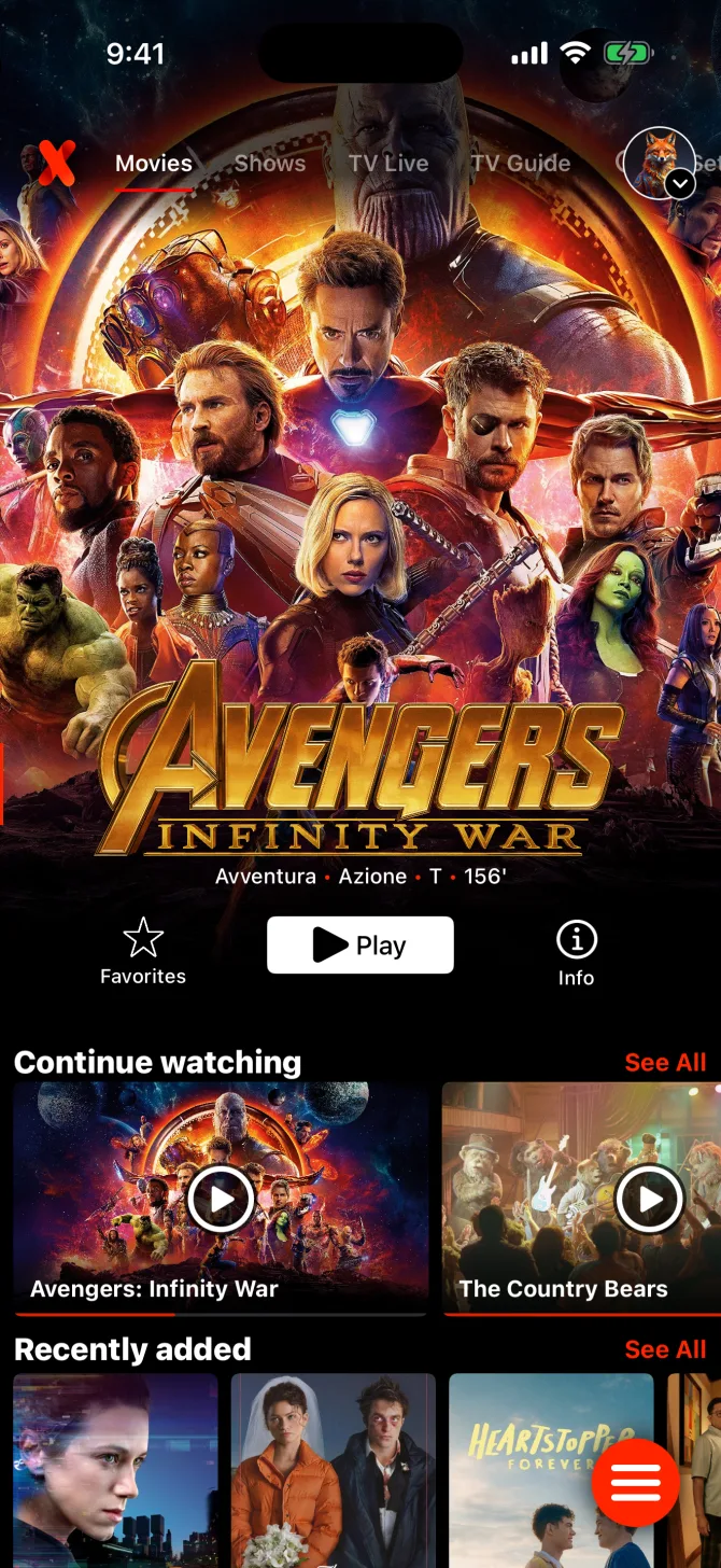 IPTVX mobile home screen with the featured movie hero and Continue watching