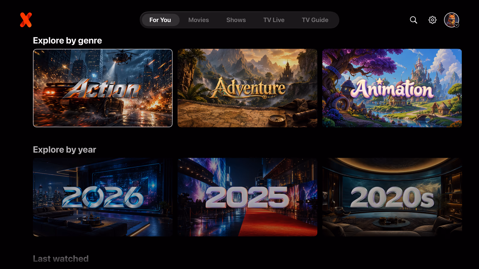 IPTVX Explore on Apple TV with illustrated genre and year collections