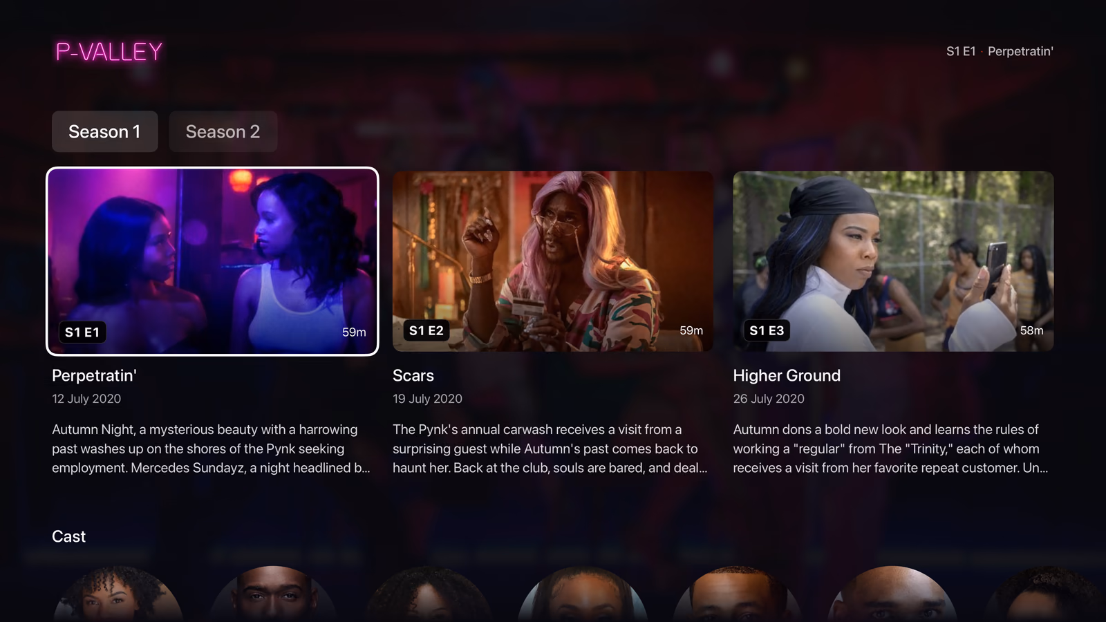 IPTVX Movie Page on Apple TV with season tabs, episode cards and cast