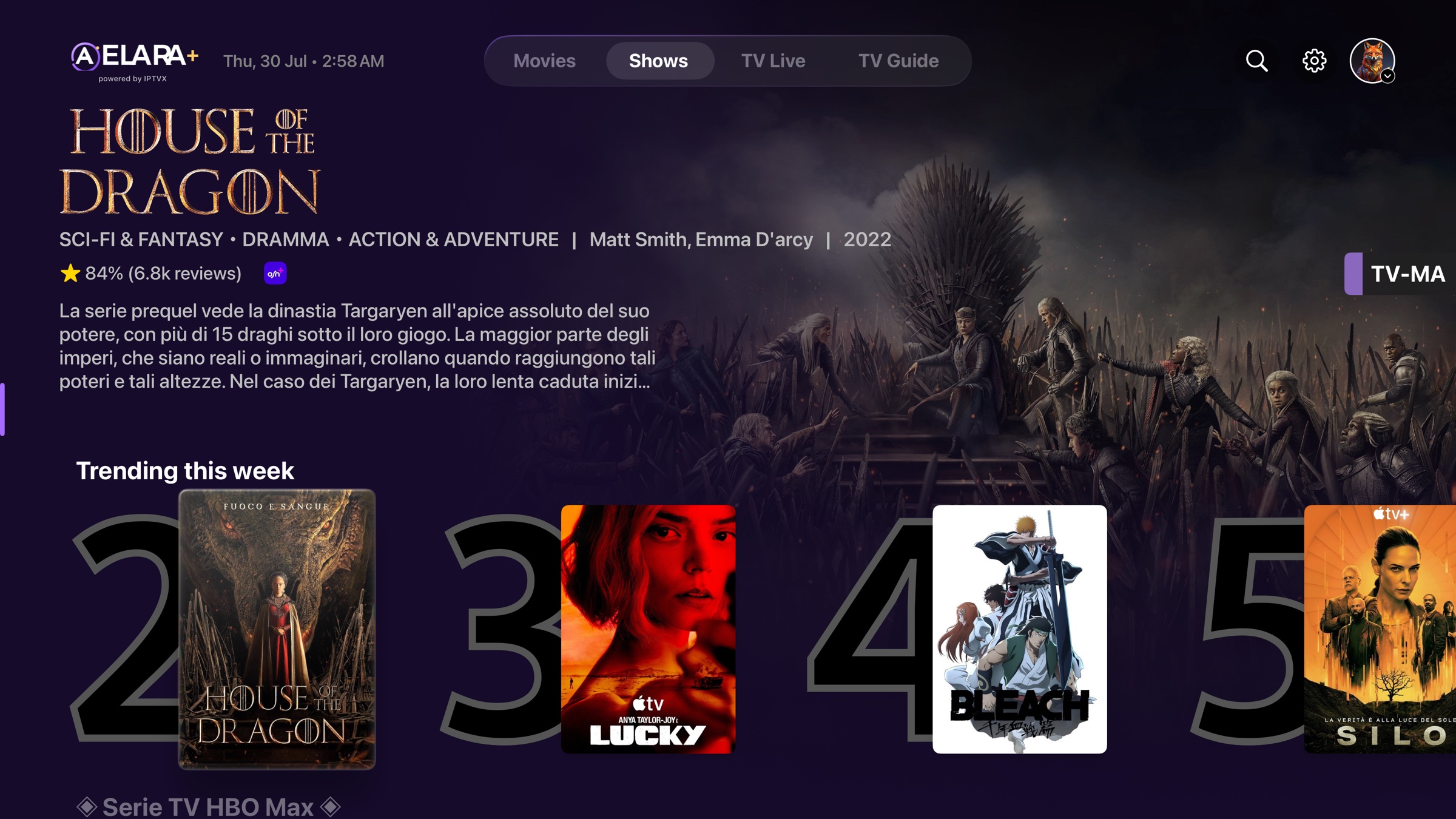 A functioning IPTVX tvOS Shows build with the complete ELARA+ logo and House of the Dragon selected